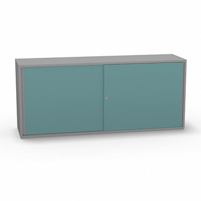 Armoire H. 71 x L. 165 x P. 43,2 cm - structure dcor gris aluminium - portes coulissantes mlamine dcor bleu lagon avec accs face utilisateurs