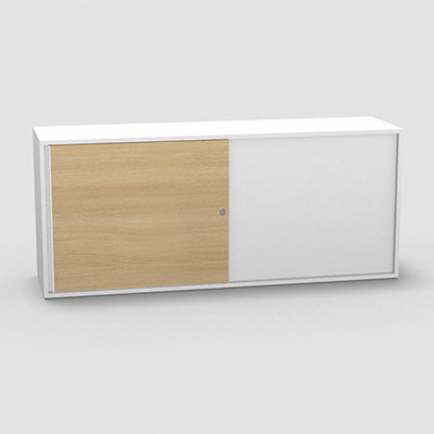 Armoire H. 71 x L. 165 x P. 43,2 cm - structure dcor blanc neige - portes coulissantes mlamine dcor chne clair avec accs double face