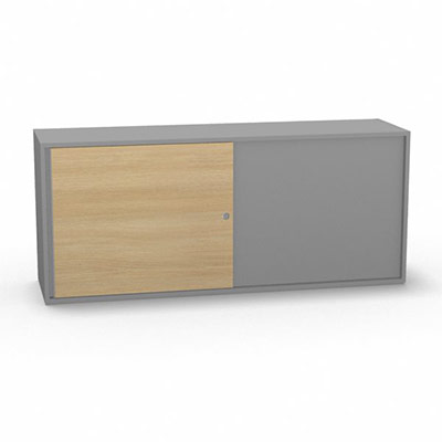 Armoire H. 71 x L. 165 x P. 43,2 cm - structure dcor gris aluminium - portes coulissantes mlamine dcor chne clair avec accs double face
