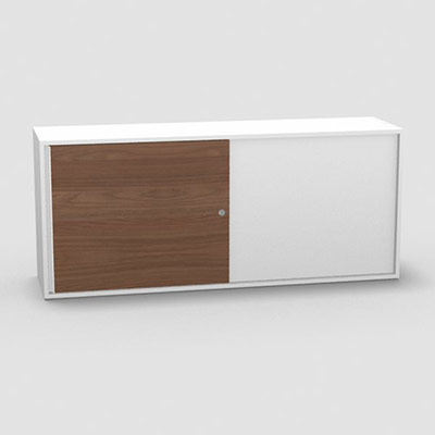 Armoire H. 71 x L. 165 x P. 43,2 cm - structure dcor blanc neige - portes coulissantes mlamine dcor noyer ambr avec accs double face