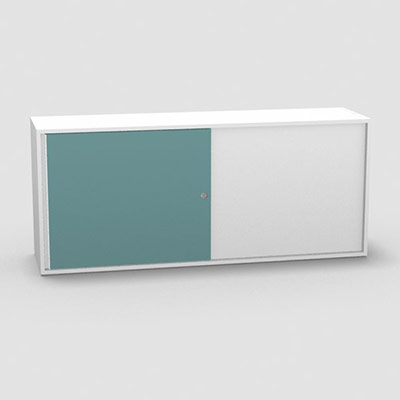 Armoire H. 71 x L. 165 x P. 43,2 cm - structure dcor blanc neige - portes coulissantes mlamine dcor bleu lagon avec accs double face