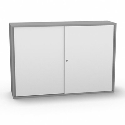 Armoire H. 113,5 x L. 165 x P. 43,2 cm - structure dcor gris aluminium - portes coulissantes mlamine dcor blanc neige avec accs face utilisateurs