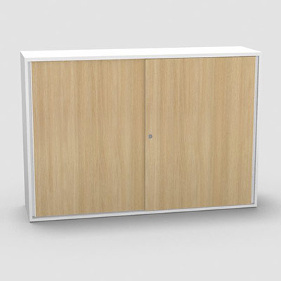 Armoire H. 113,5 x L. 165 x P. 43,2 cm - structure dcor blanc neige - portes coulissantes mlamine dcor chne clair avec accs face utilisateurs