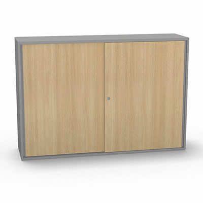Armoire H. 113,5 x L. 165 x P. 43,2 cm - structure dcor gris aluminium - portes coulissantes mlamine dcor chne clair avec accs face utilisateurs