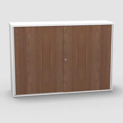 Armoire H. 113,5 x L. 165 x P. 43,2 cm - structure dcor blanc neige - portes coulissantes mlamine dcor noyer ambr avec accs face utilisateurs