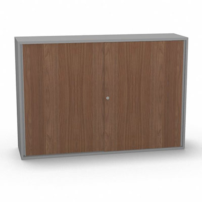 Armoire H. 113,5 x L. 165 x P. 43,2 cm - structure dcor gris aluminium - portes coulissantes mlamine dcor noyer ambr avec accs face utilisateurs