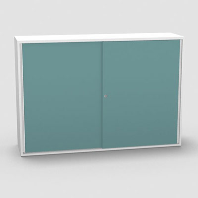Armoire H. 113,5 x L. 165 x P. 43,2 cm - structure dcor blanc neige - portes coulissantes mlamine dcor bleu lagon avec accs face utilisateurs