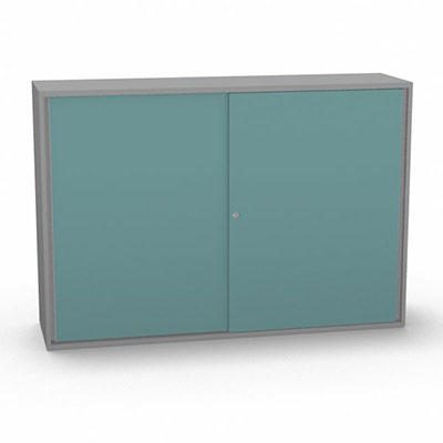 Armoire H. 113,5 x L. 165 x P. 43,2 cm - structure dcor gris aluminium - portes coulissantes mlamine dcor bleu lagon avec accs face utilisateurs
