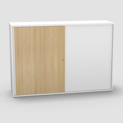Armoire H. 113,5 x L. 165 x P. 43,2 cm - structure dcor blanc neige - portes coulissantes mlamine dcor chne clair avec accs double face