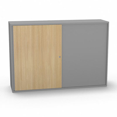 Armoire H. 113,5 x L. 165 x P. 43,2 cm - structure dcor gris aluminium - portes coulissantes mlamine dcor chne clair avec accs double face