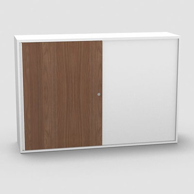 Armoire H. 113,5 x L. 165 x P. 43,2 cm - structure dcor blanc neige - portes coulissantes mlamine dcor noyer ambr avec accs double face