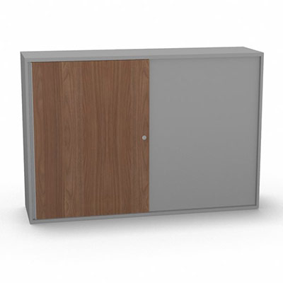 Armoire H. 113,5 x L. 165 x P. 43,2 cm - structure dcor gris aluminium - portes coulissantes mlamine dcor noyer ambr avec accs double face