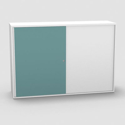 Armoire H. 113,5 x L. 165 x P. 43,2 cm - structure dcor blanc neige - portes coulissantes mlamine dcor bleu lagon avec accs double face