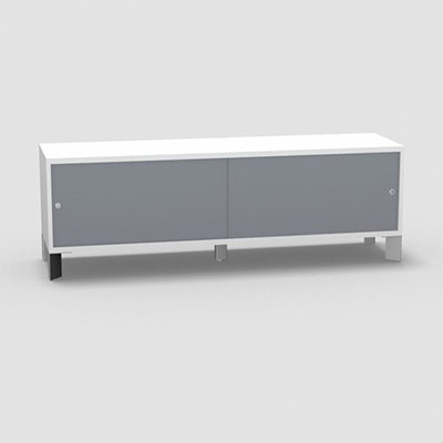 Armoire sur pieds H. 55,2 x L. 165 x P. 43,2 cm - structure dcor blanc neige - portes coulissantes Altuglas coloris gris fum avec accs face utilisateurs