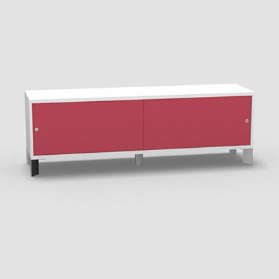 Armoire sur pieds H. 55,2 x L. 165 x P. 43,2 cm - structure dcor blanc neige - portes coulissantes Altuglas coloris rouge avec accs face utilisateurs