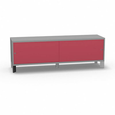 Armoire sur pieds H. 55,2 x L. 165 x P. 43,2 cm - structure dcor gris aluminium - portes coulissantes Altuglas coloris rouge avec accs face utilisateurs