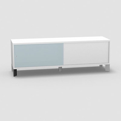 Armoire sur pieds H. 55,2 x L. 165 x P. 43,2 cm - structure dcor blanc neige - portes coulissantes Altuglas coloris bleu lagon avec accs double face