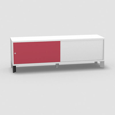Armoire sur pieds H. 55,2 x L. 165 x P. 43,2 cm - structure dcor blanc neige - portes coulissantes Altuglas coloris rouge avec accs double face