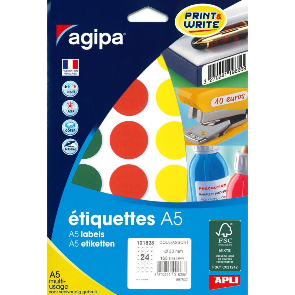 Pastilles adh�sives Agipa rondes o 30 mm - 101828 - A5 - Pochette de 7 feuilles de 24 - 168 �tiquettes - Assorties
