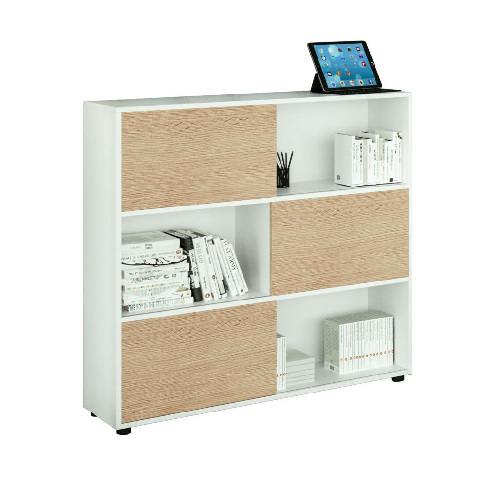 Bibliothque Athena 6 cases avec 3 portes coulissantes - L 120 x H 116-2 cm - chne et blanc