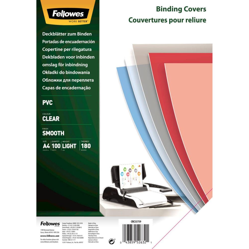 Couvertures de reliure transparentes A4 Fellowes PVC 180 microns - bote de 100