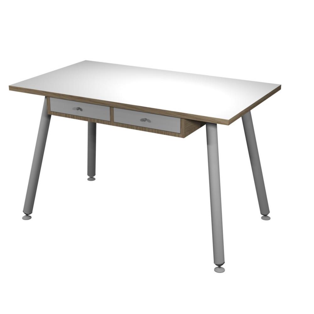 Bureau tltravail - pieds mtal - 120 x 60 cm - 2 tiroirs suspendus - chne naturel , blanc