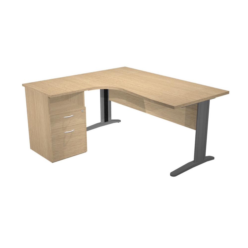 Pack Pulse mtal - 1 bureau compact retour  gauche chne - pieds L anthracite - 1 caisson hauteur bureau prof. 60 cm