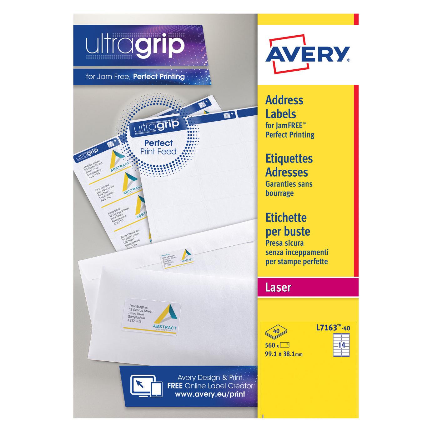 tiquettes courrier pour imprimantes laser Avery - 99,1 x 38,1 mm - 40 feuilles - 14 tiquettes par feuille - auto-adhsives - blanc - paquet 560 units