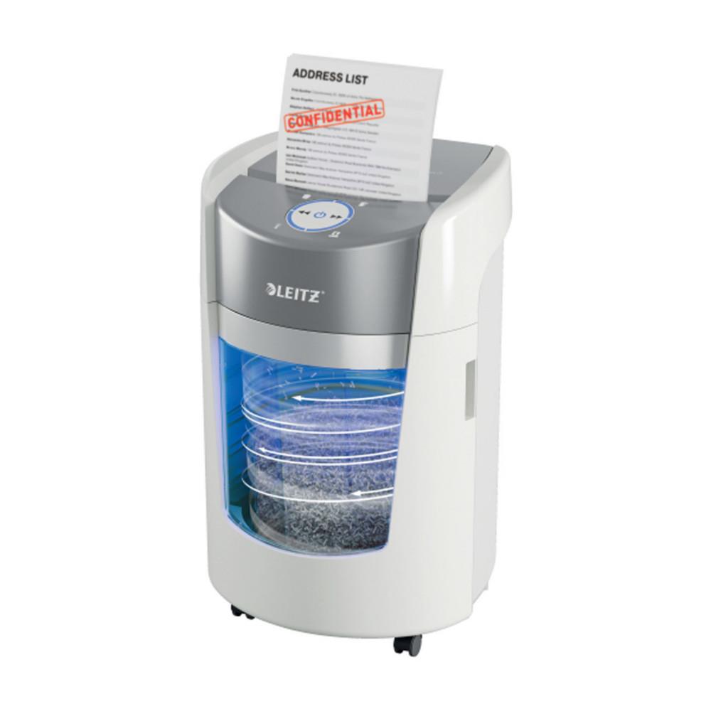 Destructeur de documents Leitz IQ OptiMax Small Office 350 - Coupe micro S�curit� P5 - Corbeille 22 L - Blanc