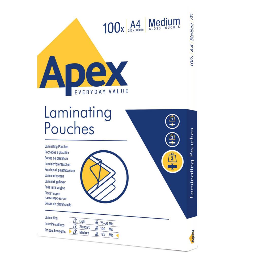 Pochettes de plastification Fellowes Apex Medium A4 -216 x 303 mm - 125 microns - Brillante - Bo�te de 100