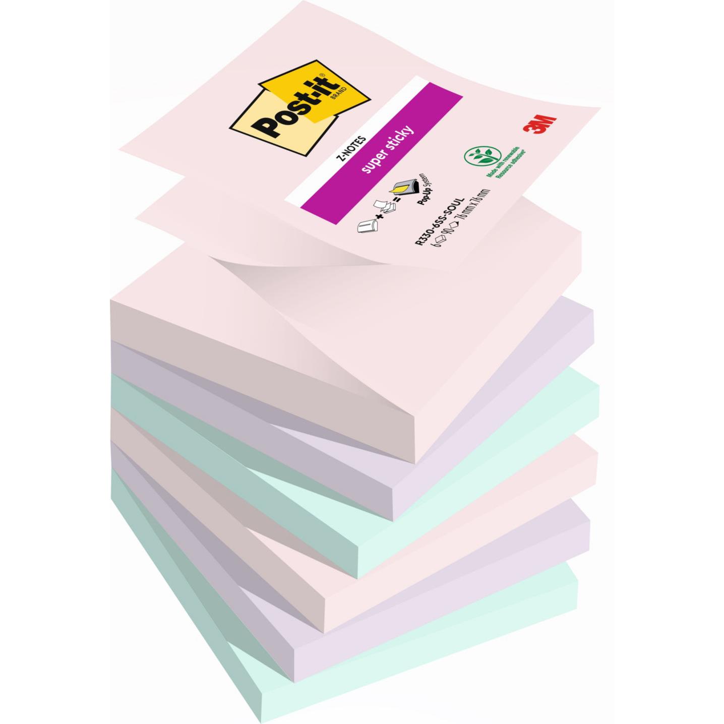 Z-Notes repositionnables Post-it Soulful 76 x 76 mm coloris assorties - 6 blocs de 90 feuilles