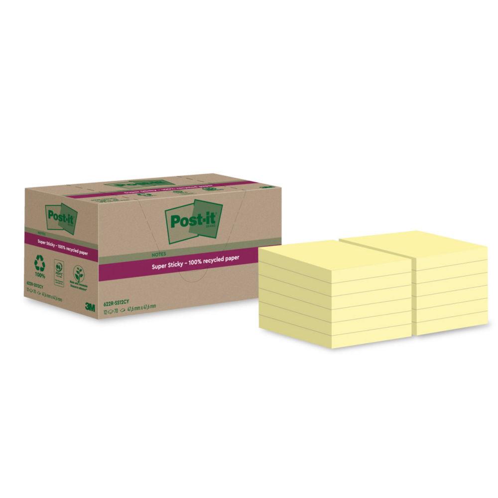 Notes repositionnables recycles Post-it Super Sticky 48 x 48 mm - Jaune - 12 blocs de 70 feuilles
