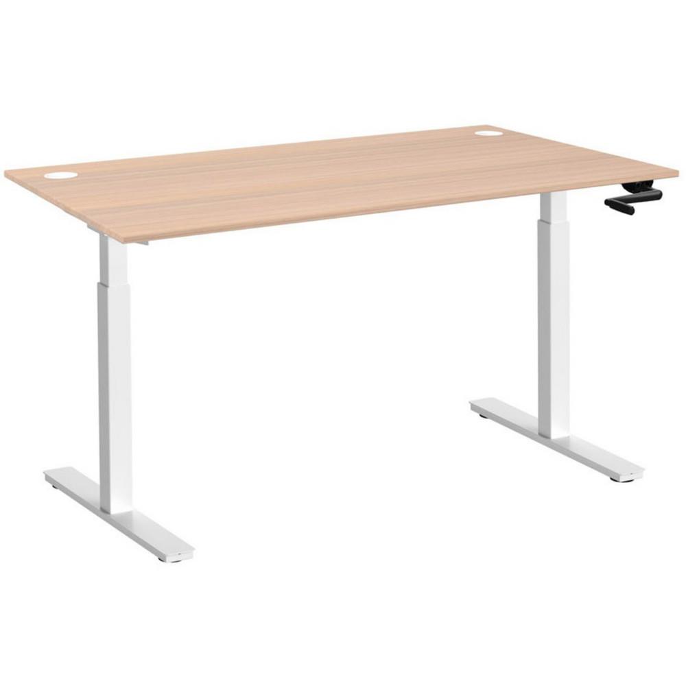 Bureau Assis-Debout Nova � Manivelle L.140 x P.80 cm - Plateau avec Obturateurs Ch�ne - Pieds m�tal Blanc