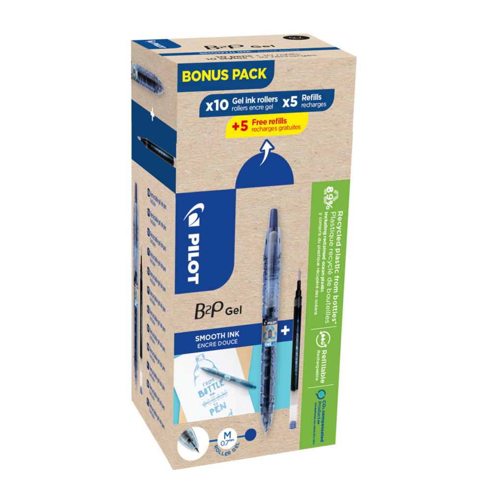 Eco pack Pilot B2P Begreen - stylo bille rtractable - pointe moyenne 0,7 mm - corps bleu transparent avec zone de prhension - encre bleue - 10 stylos + 10 recharges dont 5 offertes - bote 20 units