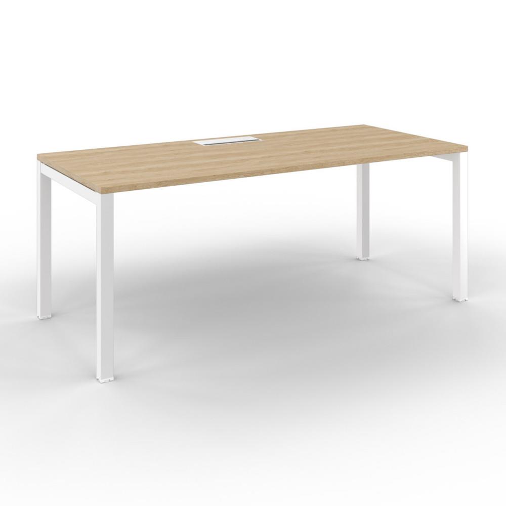 Bureau Osmose plateau L180 x P80 cm avec trappe d'acc�s aux c�bles Ch�ne Nebraska - pieds m�tal Blanc