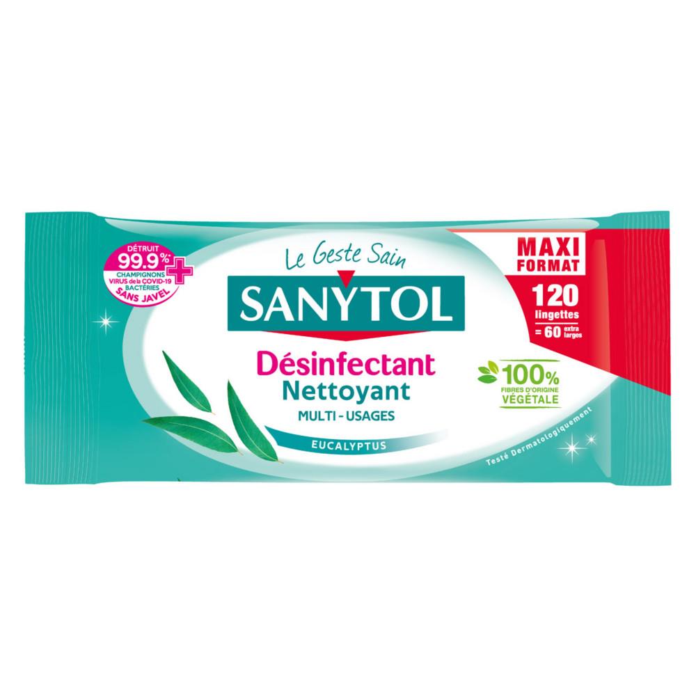 Lingettes d�sinfectantes Sanytol Multi-usages- Parfum eucalyptus - Maxi format - Paquet de 120