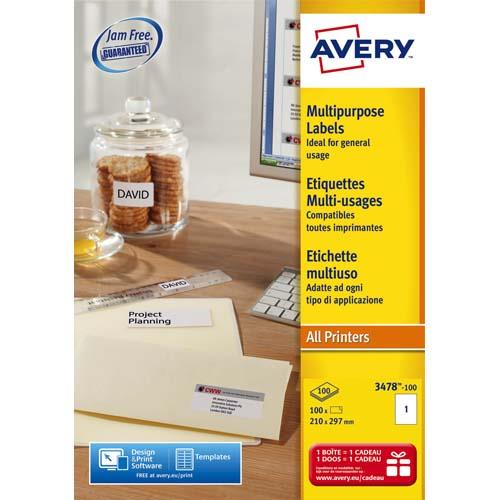 Etiquettes Avery 3478 - laser jet d'encre ou copieur - 21 x 29,7 cm - blanc - bote de 100
