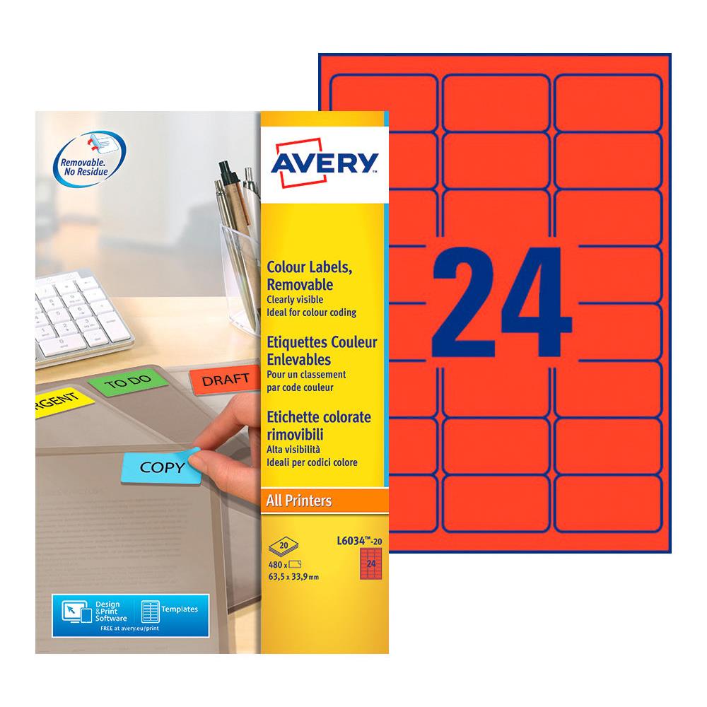 Etiquettes de couleur enlevable Avery L6034 - rouge - 63,5x33,9mm - bote de 480