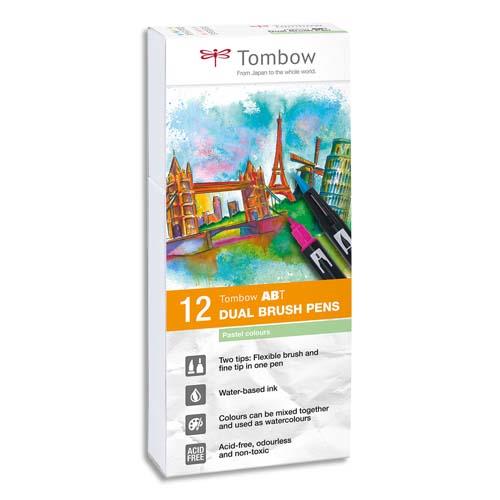 Feutres Tombow ABT double pointe - pinceau + fine - couleurs pastels assortis - bote de 12
