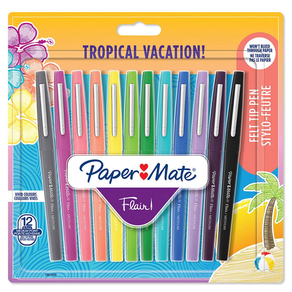 Stylo feutre  capuchon Paper Mate Flair Original pointe moyenne 0,7 mm - Pochette 12 couleurs Tropical