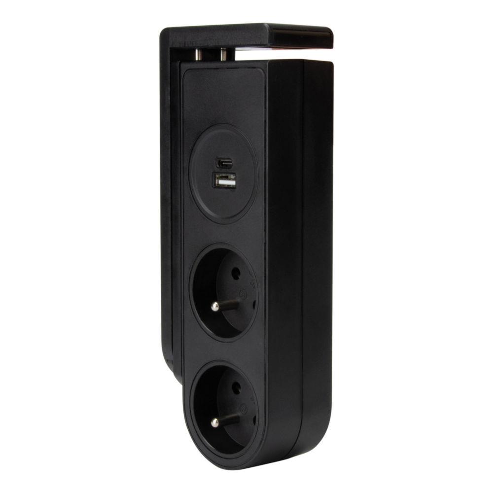 Bloc multiprise clipsable Otio Gekko 2 prises 16A + 2 USB - Noir