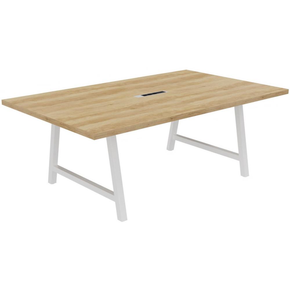 Table de conf�rence Prisme L200 x L120 cm avec �lectrification - Ch�ne Nebraska Pieds arche m�tal Blanc
