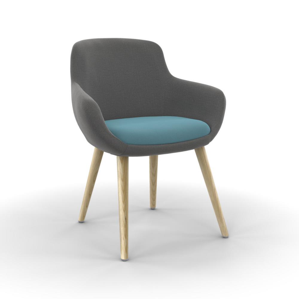 Fauteuil d'accueil Olia - tissu gris - coussin bleu - 4 pieds bois naturel