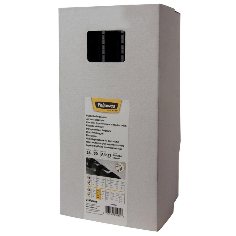 Baguette de reliure Fellowes - plastique -  anneaux 25 mm Noir - Bote de 50