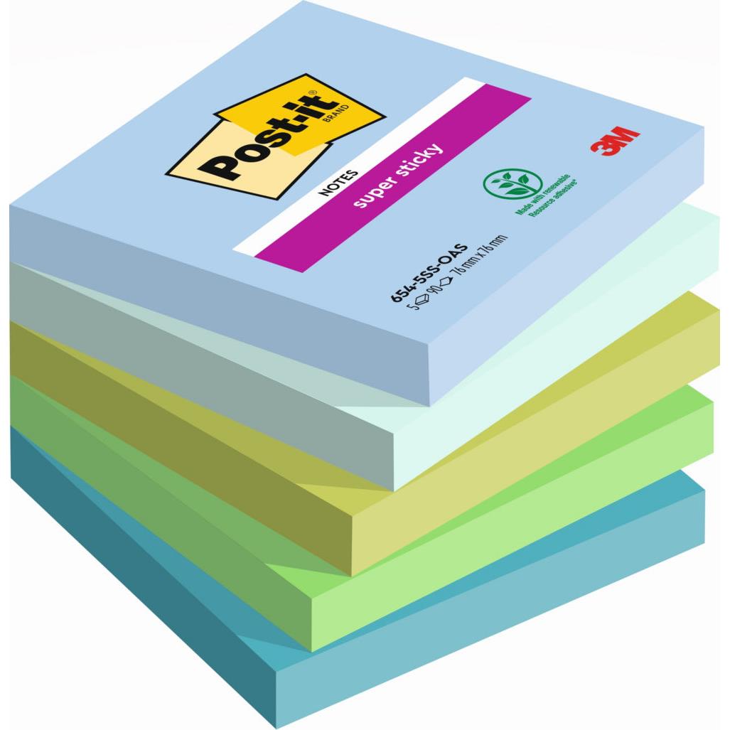 Notes repositionnables Post-it Oasis 76 x 76 mm coloris assorties - 5 blocs de 90 feuilles