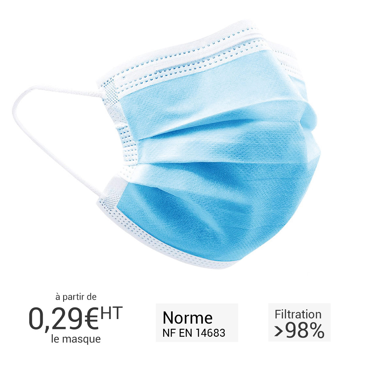 Masque chirurgical 3 plis classe 1 type 2 - bote de 50