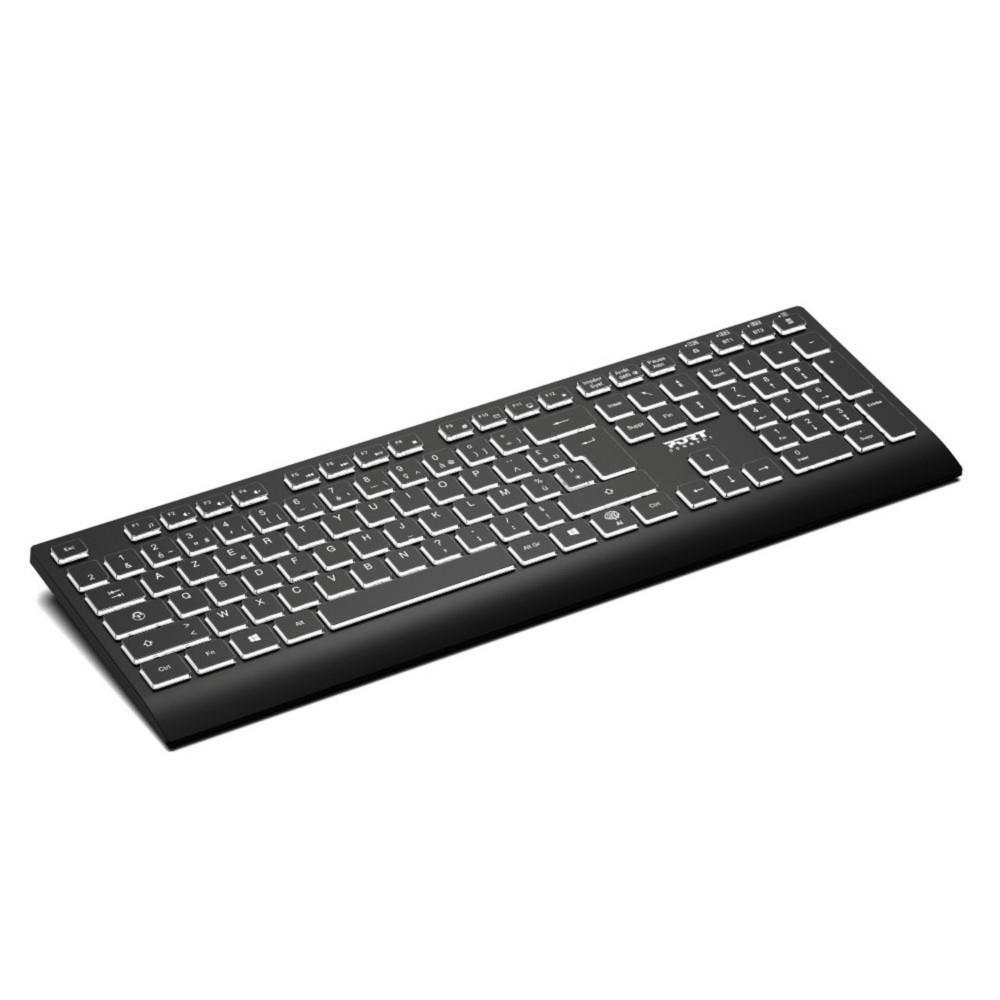 Clavier sans fil Port Connect rechargeable r�tro�clair� AZERTY avec touche IA - Bluetooth + Dongle USB-A 2,4 GHz - Noir