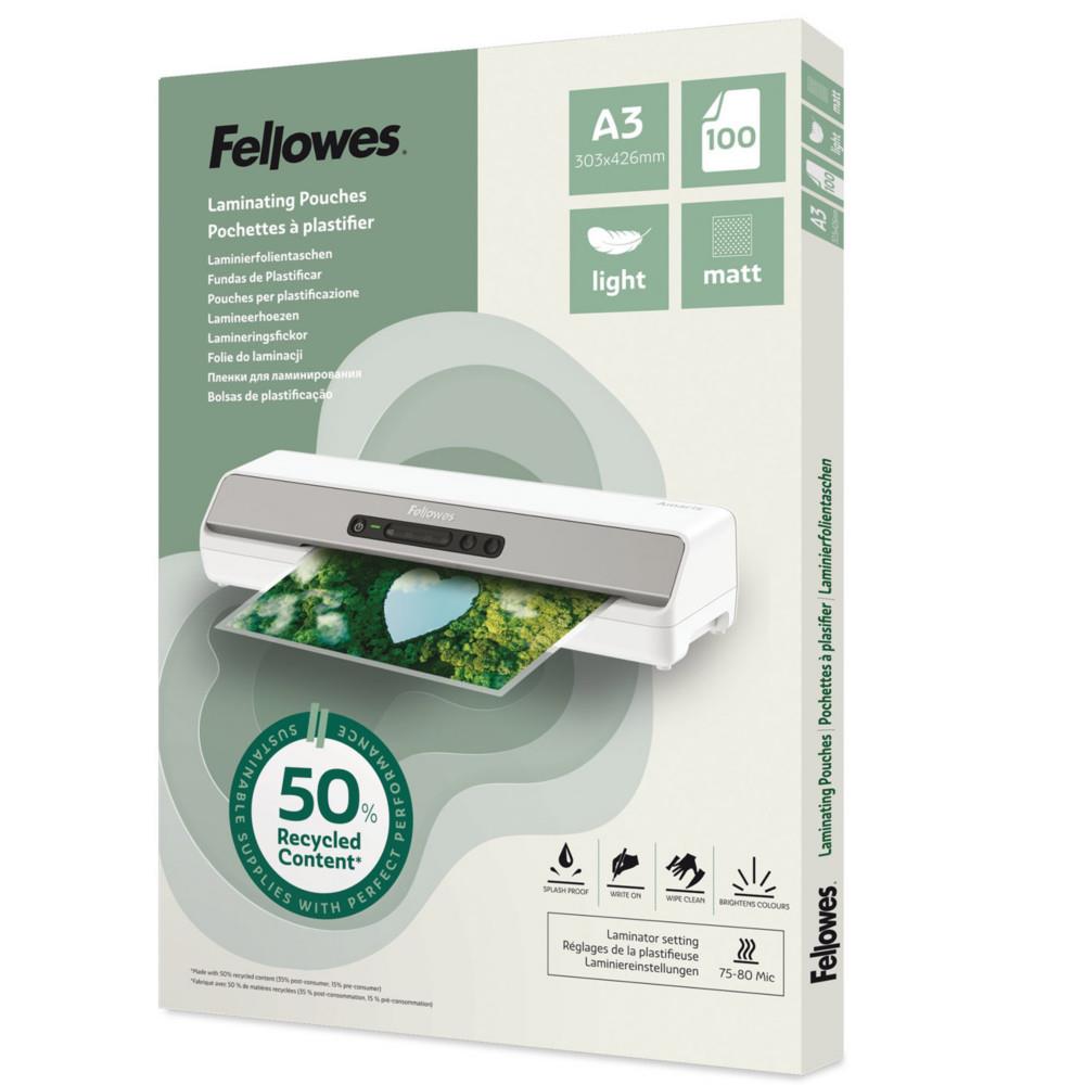 Pochettes de plastification Fellowes A3 Recycl�es - Epaisseur Light : 75/80 microns - Fintition Mate - Bo�te de 100
