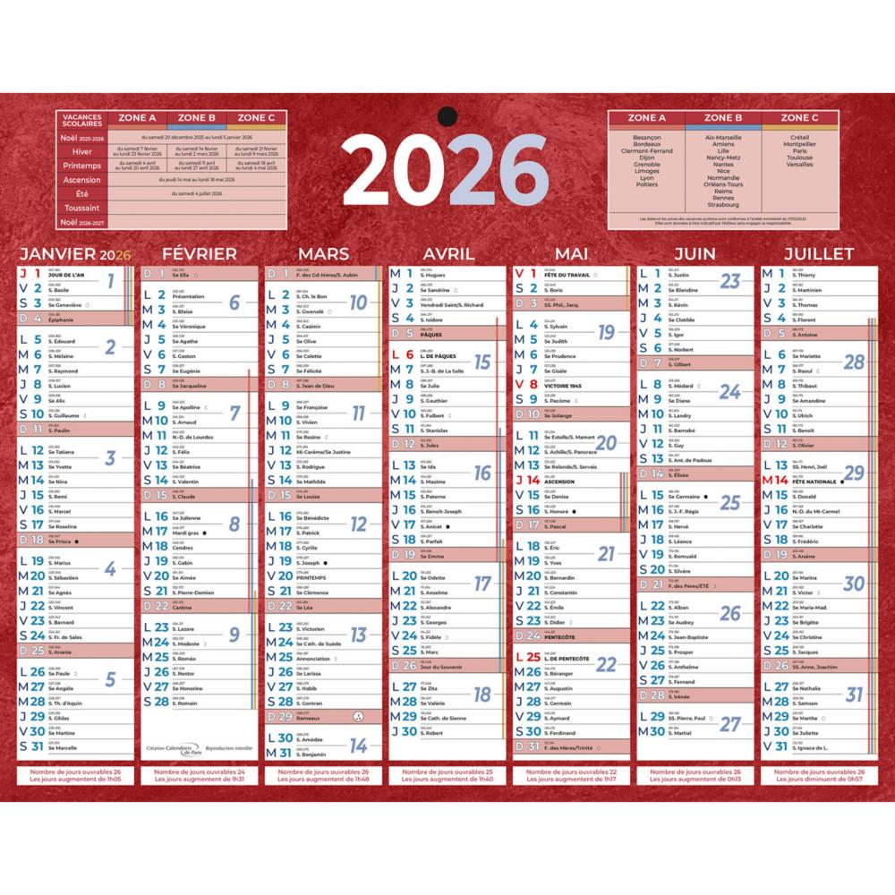 Calendrier bancaire rouge - 21 x 26,5 cm