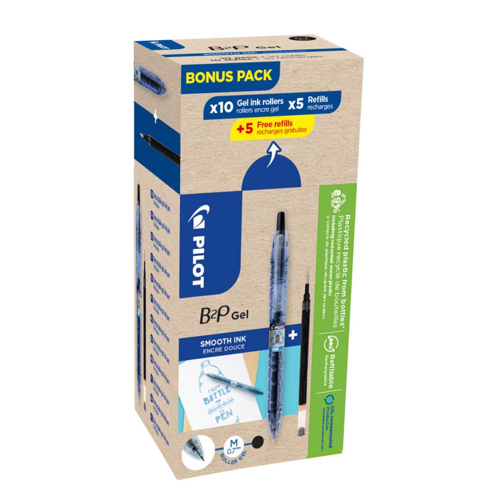 Eco pack Pilot B2P Begreen - stylo bille rtractable - pointe moyenne 0,7 mm - corps noir transparent avec zone de prhension - encre noire - 10 stylos + 10 recharges dont 5 offertes - bote 20 units